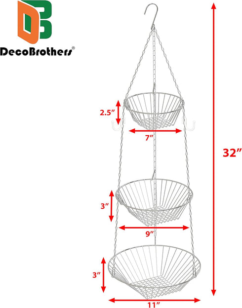 Deco Brothers Hanging Fruit Basket, 3-Tier, Chrome...