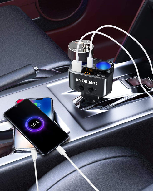 SUPERONE 200W 2-Socket Cigarette Lighter Splitter Power Adapter, USB C Car Charger with 20W Power Delivery 3.0 & QC 3.0 for iPhone 15 Pro Max/14/1...