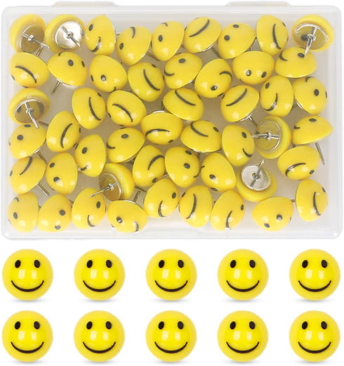 Whaline 50Pcs Resin Happy Face Push Pins Smile Face Decorative Thumb Tacks Cute Yellow Cork Board Thumbtacks for Bulletin Board Photo Wall Decor O...