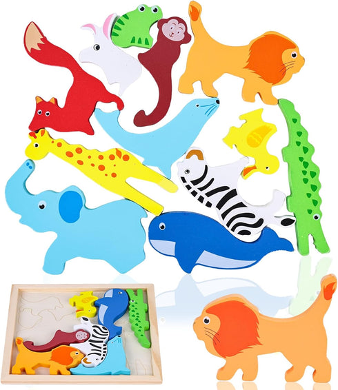 LovesTown 12PCS Wooden Stacking Puzzles, Animal Chunky Jigsaw Puzzles Educational Toys for Kids Gift...