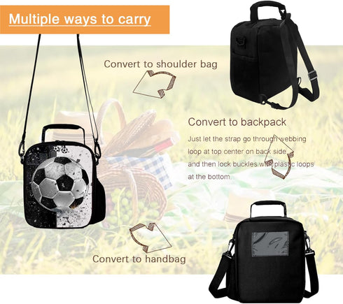 Lunch Tote, 2019 Upgrade Insulated Football Lunch Bag- Waterproof Reusable Lunch Box Portable Meal Bag Ice Pack for Kids Boys Girls -Black...