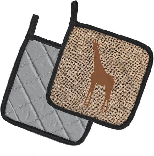 Caroline's Treasures BB1001-BL-BN-PTHD Giraffe Burlap and Brown Pair of Pot Holders Kitchen Heat Resistant Pot Holders Sets Oven Hot Pads for Cook...