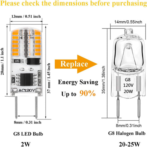Dimmable G8 LED Bulb 2W Warm White 20W Halogen Bulbs Equivalent Bi-Pin Base 120V T4 JCD Type Under Cabinet Puck Lighting Replacements,10 Pack...
