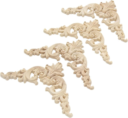 Wood Carved Applique,4 Pack Decorative Wood Trim, 3.15x3.15inch, Wood Appliques and Furniture Decorative Onlay for Furniture Decor Decal Unpainted...