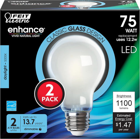 Feit Electric A19 LED Filament Light Bulbs, 75W Equivalent, Dimmable, E26 Standard Base, 1100 Lumens, 5000K Daylight, 13 Years Lifetime, Frosted W...