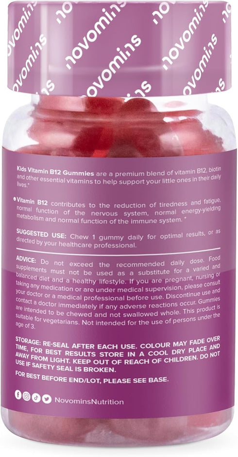 Novomins Kids Vitamin B12 Gummies - Energy & Metabolism Support Supplement - 30 Chewable Childrens B Complex Supplements – Vegan, Non-GMO - Enrich...