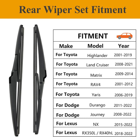 2 Pack Rear Wiper Blades for Land Rover Discovery Sport 2015-2022 / for Dodge Durango 2011-2022 / for Dodge Journey 2009-2022 /for Toyota Highland...