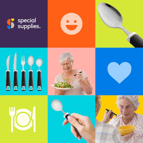 Special Supplies Adaptive Utensils 5-Piece Set Non-Weighted, Non-Slip Handles for Hand Tremors, Arthritis, Parkinson’s or Elderly Use - Stainless ...