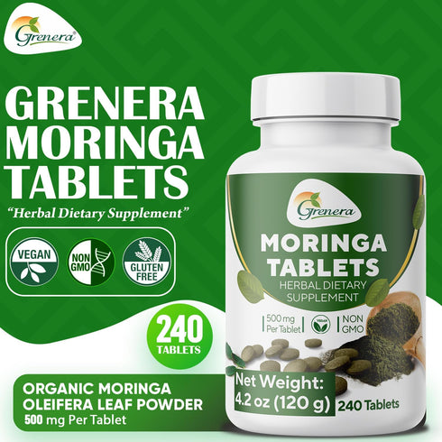 Grenera Moringa Tablets 240 nos, Uncoated Malunggay Herbal Supplement, No Chemical Coating, Green Superfood, Lab Tested for Purity...