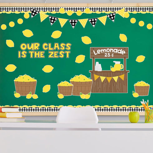 Whaline 92Pcs Lemonade Stand Bulletin Board Decoration Kit Summer Plaid Bulletin Board Set Yellow Lemon Cutouts with Glue Points for Classroom Sch...