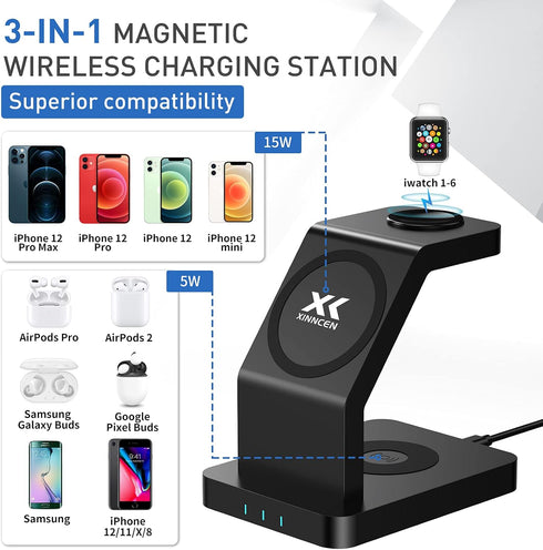 3 in 1 Magnetic Wireless Charger, 15 Watt Fast Charging, Wirelessly Charges Multiple Devices, MagSafe Compatible, for iPhone 14/Pro/Max/Plus/13/12...