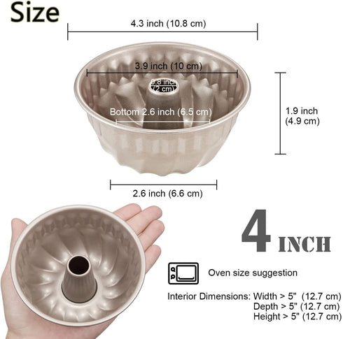 4Pcs Nonstick Bundt Cake Pan Mini Tube Pans Baking Kugelhopf Bread Muffin Cake Mold for Oven and Instant Pot - Champagne Gold (4 Inch)...