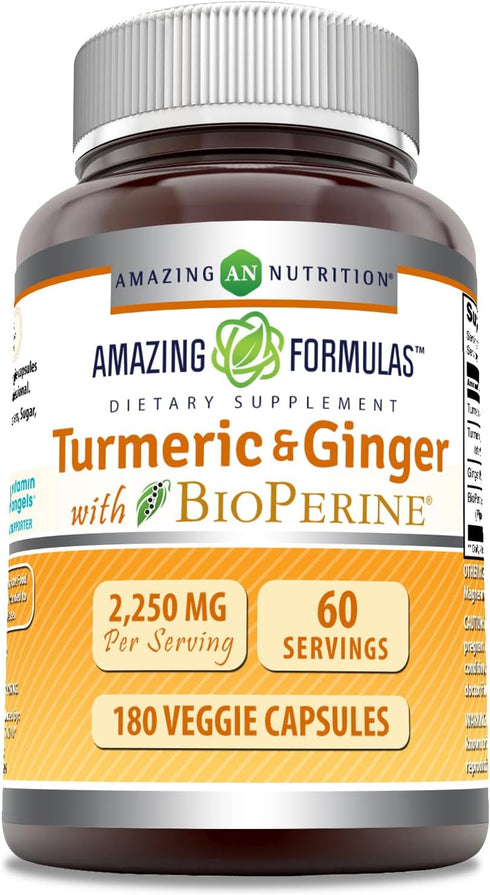Amazing Formulas Turmeric Curcumin & Ginger with BioPerine 2250 mg Per Serving Veggie Capsules | Non-GMO | Gluten Free | Made in USA | Ideal for V...