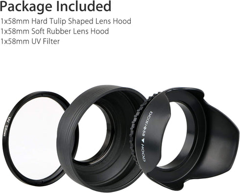 EEEkit 58mm Hard Lens Hood + 58mm Soft Lens Hood + 58mm UV Filter Lens Kit for Canon Rebel T7i T6S T6i T6 T5i T5 T4i T3i T3 T2i T1i XT XTi XSi SL1...