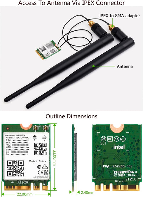 Wireless AX210 NIC, Gigabit Tri-Band Wi-Fi 6E, 802.11AX Standard, Bluetooth 5.2, AX210 NGW Wifi Card, MU-MIMO NGFF (M.2 A/E Key) Interface,Support...