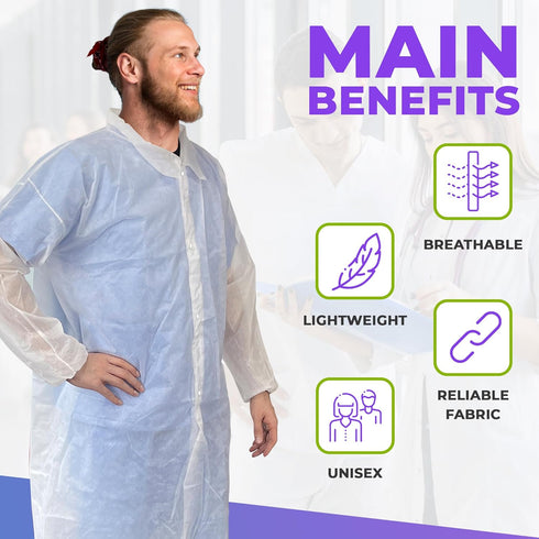 AMZ Disposable Lab Coats for Adults, Medium. White Polypropylene Knee Length Lab Coat Disposable. 30 GSM PPE Coat with 4 Snaps and Elastic Wrists....