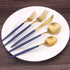 Matte Gold Silverware Set with blue handle, Bysta 5-Piece Stainless Steel Flatware Set, Kitchen Utensil Set Service for 1, Tableware Cutlery Set f...