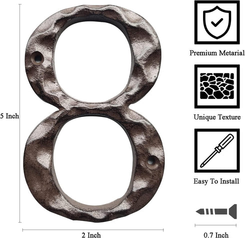5 Inch House Numbers for Outside-Cast Iron Metal Home Address Number/Heavy Duty & Sturdy Unique Hammered Look/Number 8...