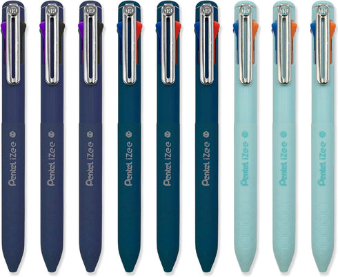 Pentel iZee 4 Colour Ballpoint Pen - Deep Blue, Deep Violet & Sky Blue Barrels - Multi Ink - Pack of 9...