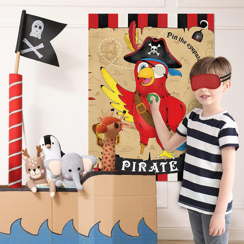 WERNNSAI Pin The Eye Patch on The Pirate - Pirate Party Games for Kids Boys 28'' x 21'' Parrot Game Poster with 24 PCS Reusable Stickers Blindfold...