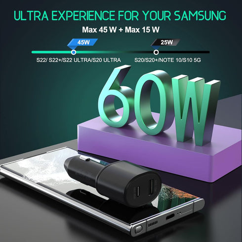 Samsung Super Fast Dual Car Charger (45W+15W) with Super Fast Charging Cable for Samsung Galaxy S22 S21 S20 Ultra Plus Note 10+,Google Pixel,Note ...