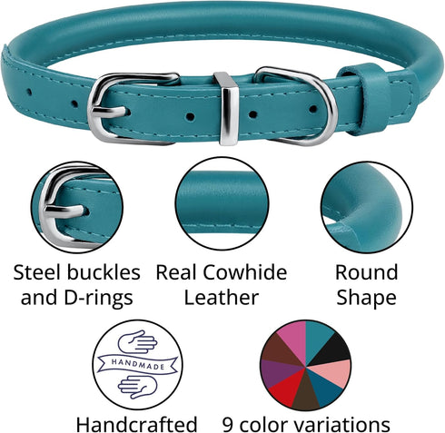 BRONZEDOG Rolled Leather Dog Collar for Small Medium Large Dogs with QR ID Tag (M: 14-16 Inch, Teal)...