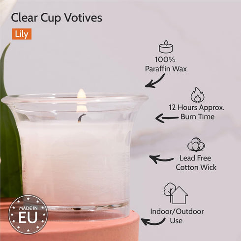 HYOOLA Clear Cup Scented Votive Candles - Lily - 12 Hour Burn Time - 4 Pack - European Made...