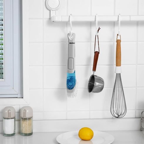 SUBEKYU Dish Brushes with Soap Dispenser, Kitchen Dish Scrubber Brushes with Handle, Dishwashing Cleaning Scrubbers for Dishes/Pans/Pots, Grey 2Pa...
