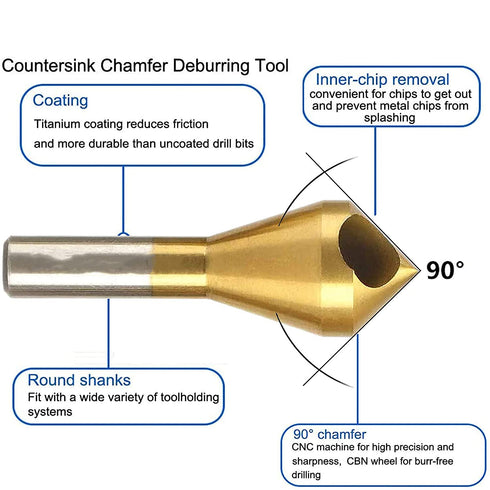 YUENTOEN 4Pcs Titanium Coated Countersink Chamfer Tool Deburring Tool Set, Countersink Drill Bit Set for Metal, PVC Board, Wood...
