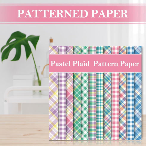 Whaline 12 Designs Spring Pastel Plaid Pattern Paper 24 Sheet Scrapbook Specialty Paper Double-Sided Easter Decorative Craft Paper Folded Flat for...