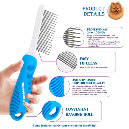 Detangling Pet Grooming Comb for Dogs & Cats with Long & Short Stainless Steel Metal Teeth for Removing Tangles and Knots - Dematting Brush to Det...