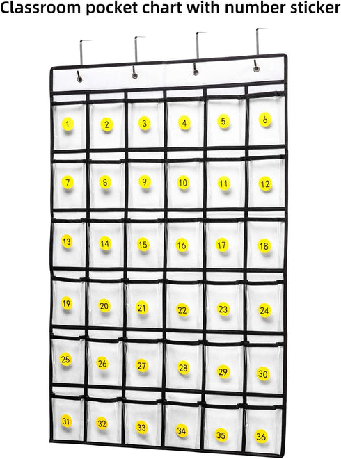 36 Clear Pockets Classroom Pocket Chart for Cell Phones, Pocket Chart for Calculator Phone Holder with 36 Number Stickers and Hooks (White)...