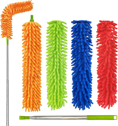 4 Pack 30" to 100" Microfiber Feather Duster, Extendable Pole, Detachable and Beandable and Washable Head, Cleaning Supplies for Office, Car, Wind...