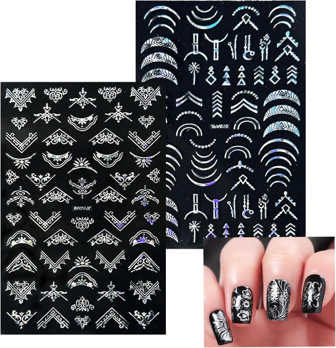 10 Sheets Flower Nail Stickers Silver Nail Decals 3D Self Adhesive Leaf Nail Art Stickers Holographic Laser Nail Designs Nail Art Supplies for Wom...