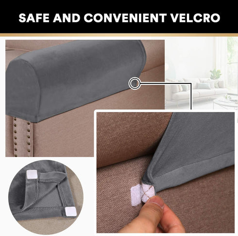 PrinceDeco 4 Pack Thick Velvet Stretch Armrest Covers for Chairs, Sofas & Armchairs - Non Slip, Grey...