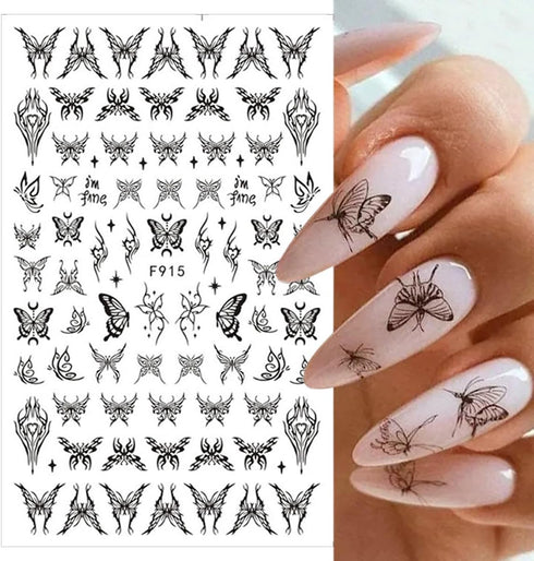 Butterfly Nail Stickers 3D Self-Adhesive Rose Nail Art Stickers Gothic Design Star Nail Decals Black Sun Moon Flame Flower Nail Art Supplies for W...