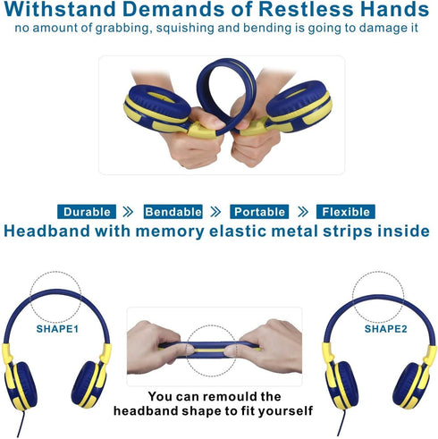SIMOLIO Kids Headphones with Microphone, 75dB-85dB-94dB Volume Limited Headphone Share Port, On-Ear Wired Headphone with AUX Jack, Foldable & Dura...