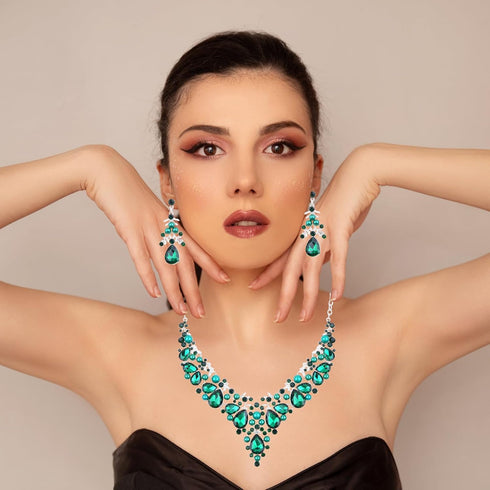 Jewelry Set for Women, 1 Set Green Pearl Crystal Necklace and Dangle Earrings Elegant Bridal Floral Cluster Teardrop Statement Necklace Earrings f...
