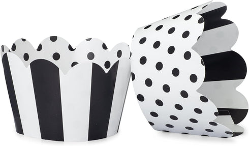 Black and White Cupcake Wrappers for Weddings, Graduations, Kids and Adult Birthday Parties, Baby Showers. Set of 24 Reversible Cup Cake Holder Wr...