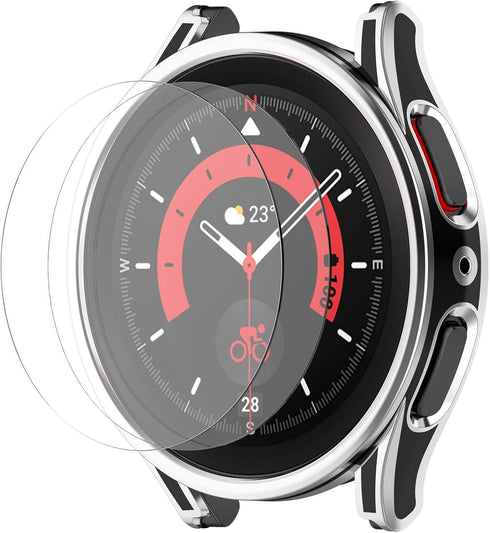 Smartwatch Full Coverage PC Protective Case Cover with Tempered Glass Screen Protector Compatible with Samsung Watch 5 Pro 45mm, Soft and Durable(...