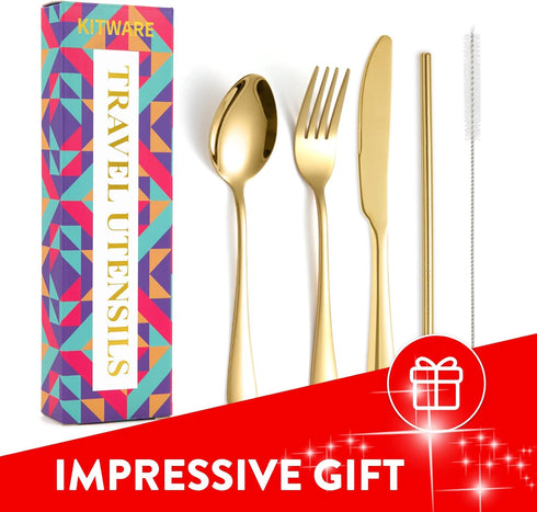 Gold Travel Utensils, Stainless Steel Knives Forks and Spoons Silverware Set, Portable Camping Utensils Set, Set of 7 Gold Utensils Set for School...