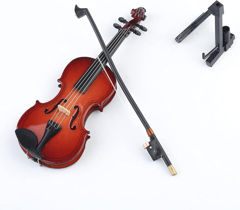 Dselvgvu Wooden Miniature Violin with Stand,Bow and Case Mini Musical Instrument Miniature Dollhouse Model Ornament Home Decoration (5.63"x2.05"x0...