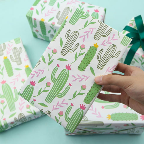 Cactus Wrapping Paper for Women Men, Green Cacti with Pink Yellow Flowers Tropical Gift Wrap Paper, 19.7x27.5 Inch Folded Flat Green Plant Art Pap...