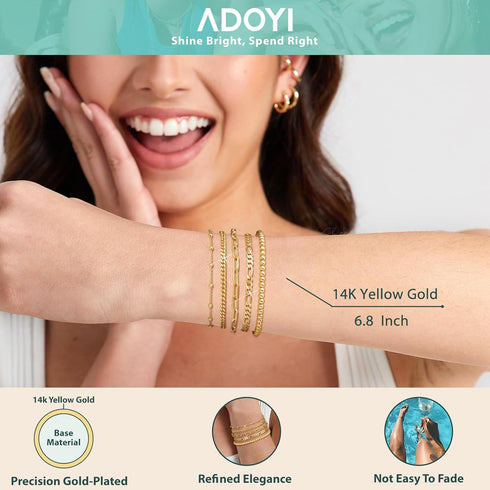 adoyi Gold Bracelets for Women, 14K Gold Plated Bracelet Stack Set Adjustable Stackable Bracelets Paperclip Chain Cuban Link Layered Waterproof Go...