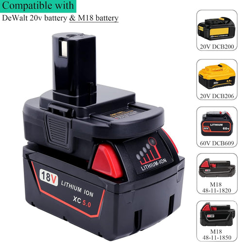 Lasica Adapter Compatible with DeWalt 20V Battery & Compatible with Milwaukee M18 Battery to Replacement for Ryobi 18-Volt ONE+ Cordless Tool Batt...