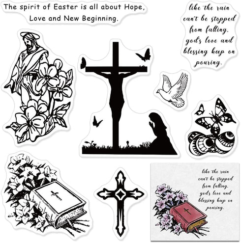 Hying Easter Religion Clear Stamps for Card Making and Photo Album Decorations, Jesus Cross Silicone Stamps Blessing Words Transparent Rubber Stam...