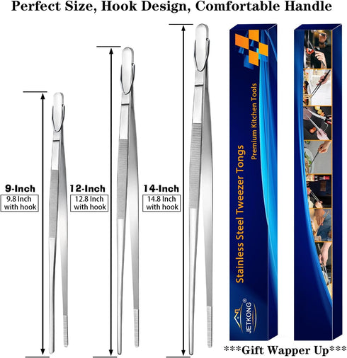 JETKONG Extra Long Kitchen Tweezers Heavy Duty Stainless Steel Cooking Tweezers, Set of 3 (9 12 14 Inch, Silver)...