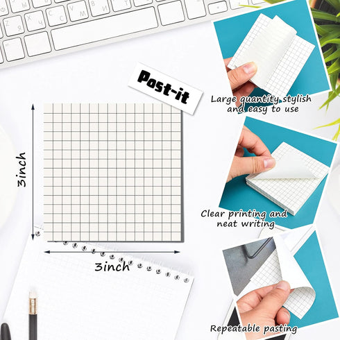 480 Sheets Sticky Notes 3 x 3 Inches Sticky Notes, Strong Stickiness, White with Black Grid Lines, Recyclable, Self-Stick Notes for Teachers and S...