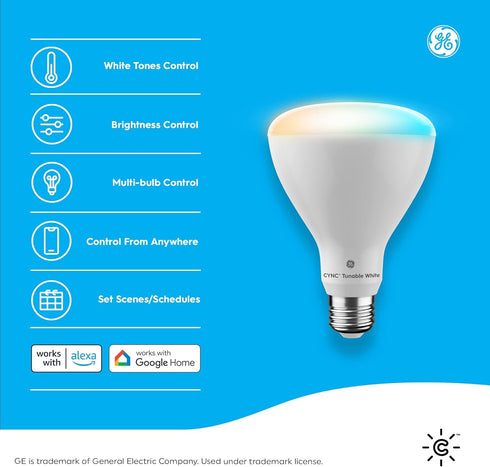 GE CYNC Smart LED Light Bulbs, Tunable White, Bluetooth and Wi-Fi, Works with Alexa and Google, BR30 Indoor Floodlights (2 Pack)...