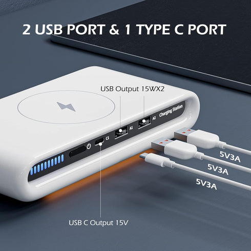 Wireless Charger Station USB C Port 30W 3 in 1 Wireless Charging Pad with Night Light for iPhone 15/14/13/12/Sumsung/Google...